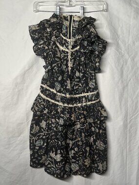 ULLA JOHNSON Endah playsuit Navy with beige floral design bohemian Romper SIZE 2